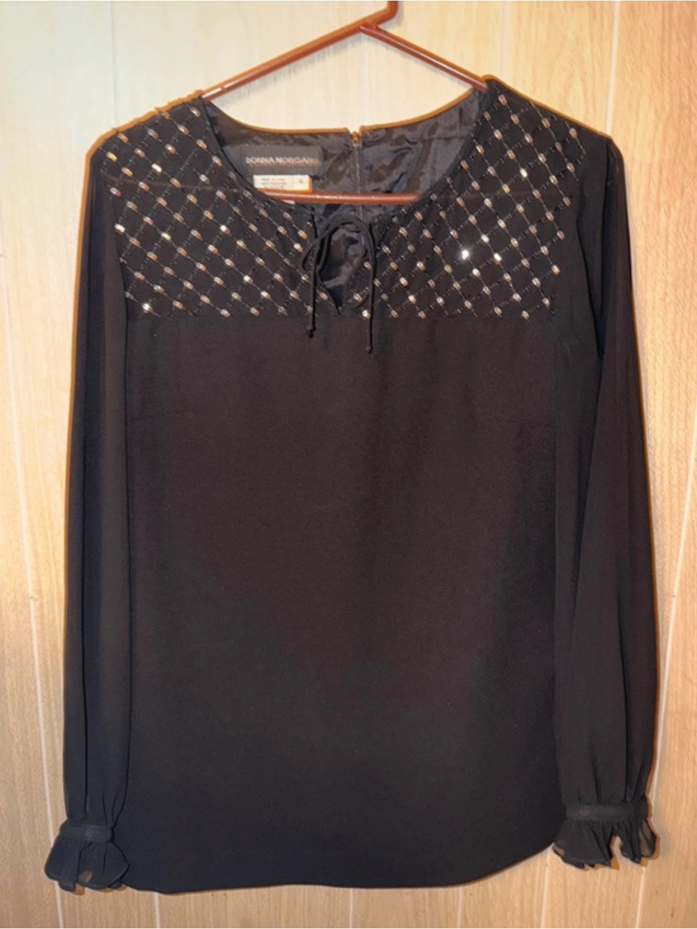 Donna Morgan Black Long-Sleeve Blouse with Beaded Yoke and Tie